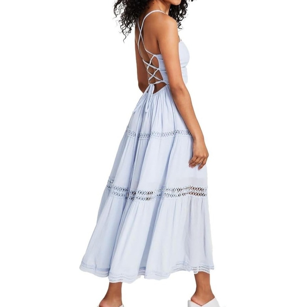 Guess Womens Ethereal Lace-Up Tiered Maxi Dress Size XL Blue Boho Cottagecore - Picture 2 of 11
